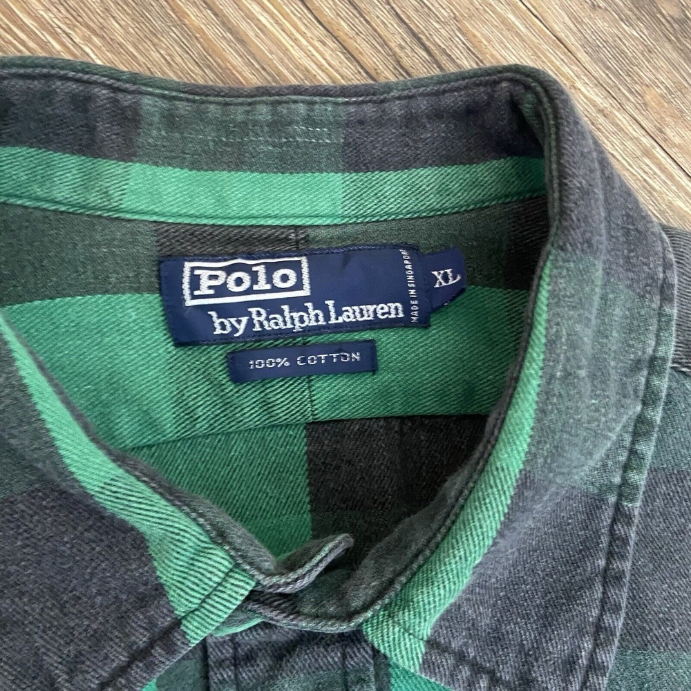 Vtg 90's Polo Ralph Lauren Faded Green Black Checkered Plaid Button Shirt XLARGE - Picture 3 of 4